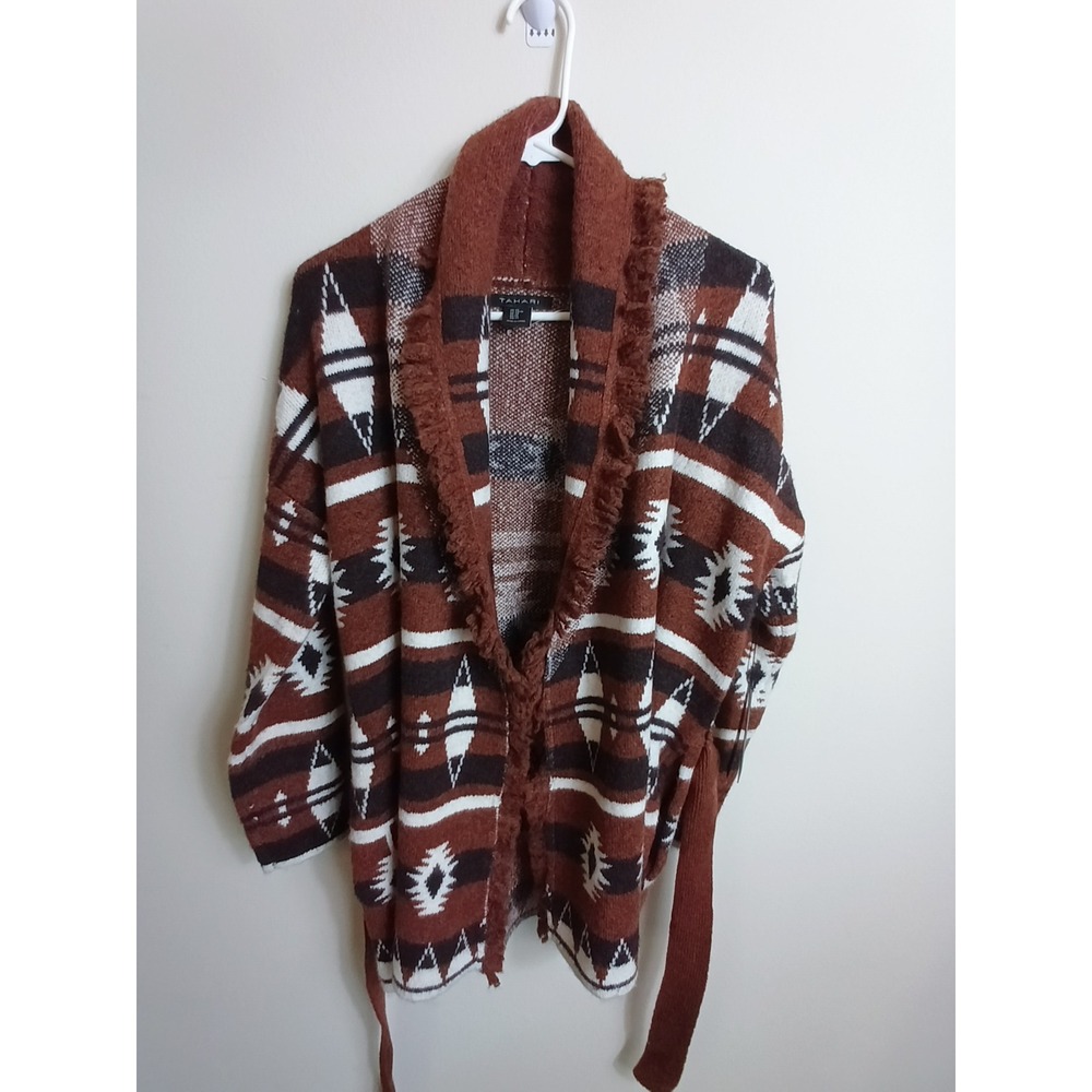 Tahari Cardigan Women XS Brown Excellent Southwestern Fringe Belted Sweater